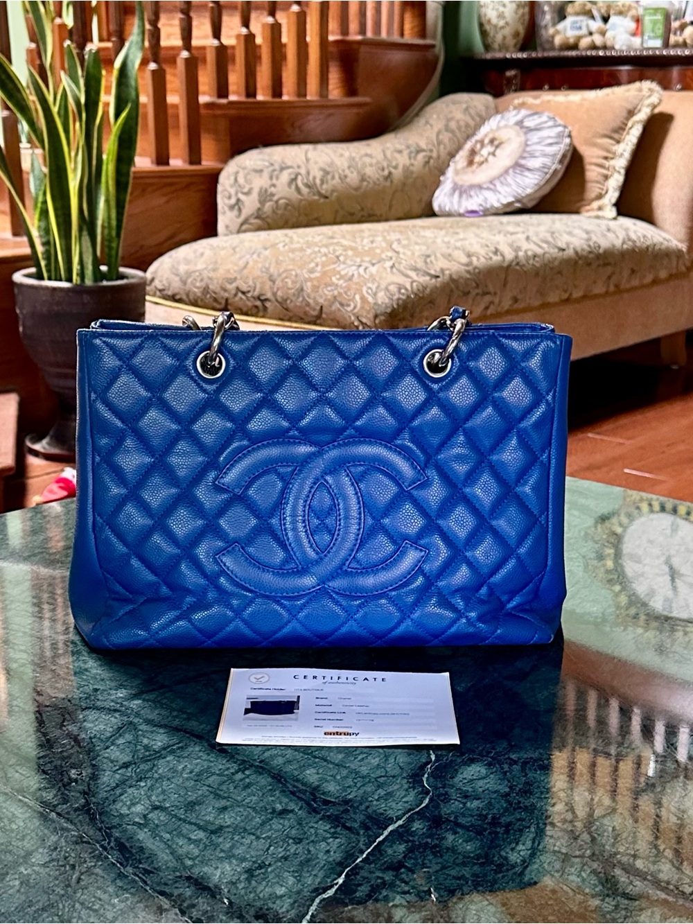 CHANEL Caviar Quilted Grand Shopping Tote GST Blue Silver
Hardware